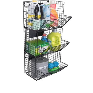 Kitchen household easy assemble metal wire mesh black 3 tier wall hanging food fruit storage basket for Bin Rack Bathroom Holder